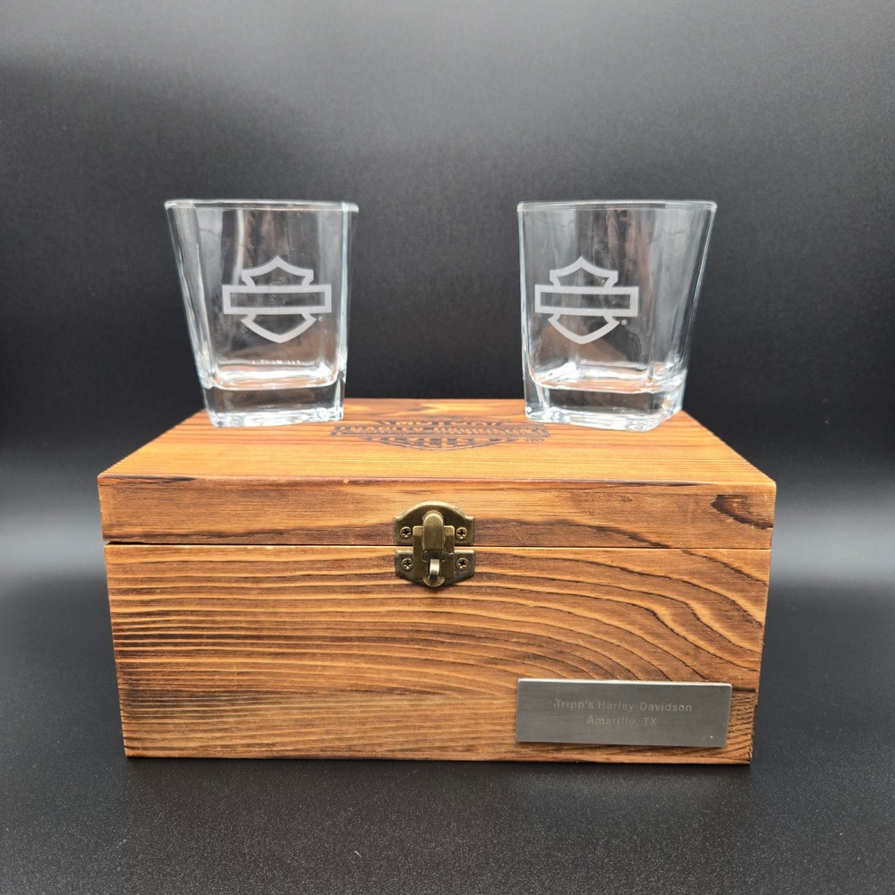 Harley-Davidson Whiskey Glass Set Clear Etched Logo Wooden Box Biker Barware